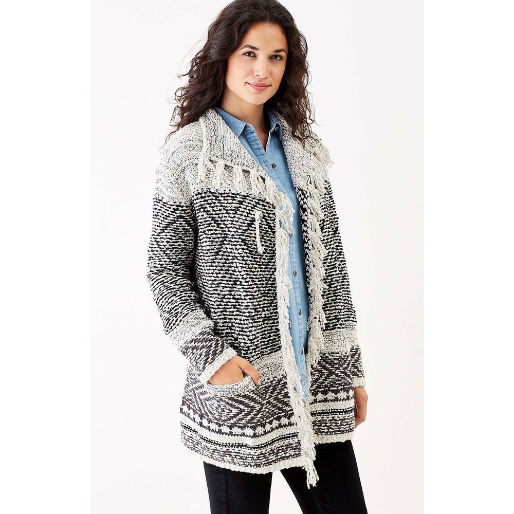 J. Jill Cardigan Sweater Women S Black White Southwest Fringe Open Wool Blend